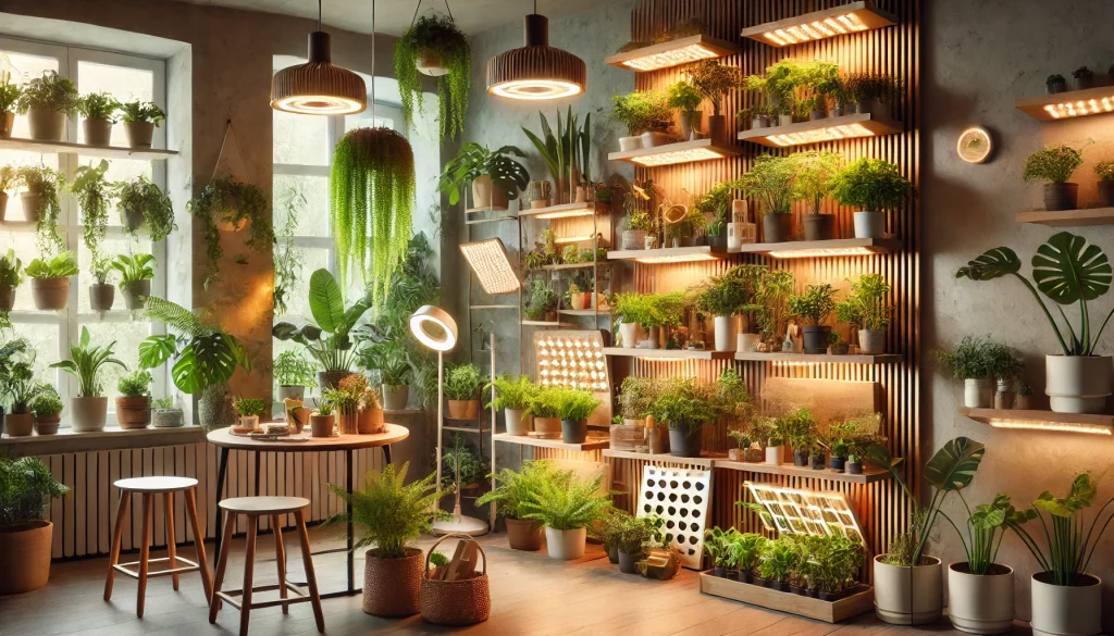 Lush Indoor Garden Setup With Various Lighting Arrangements